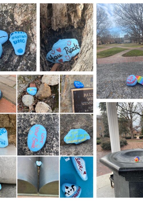 A collage of 13 pictures showing HAPPEE painted rocks placed throughout campus