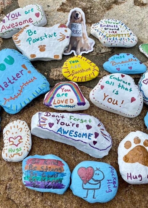 20 painted rocks ready to be "hidden" around campus, plus a similarly-sized sticker of Scout the Golden Retriever wearing a bandana that says "Free Hugs"