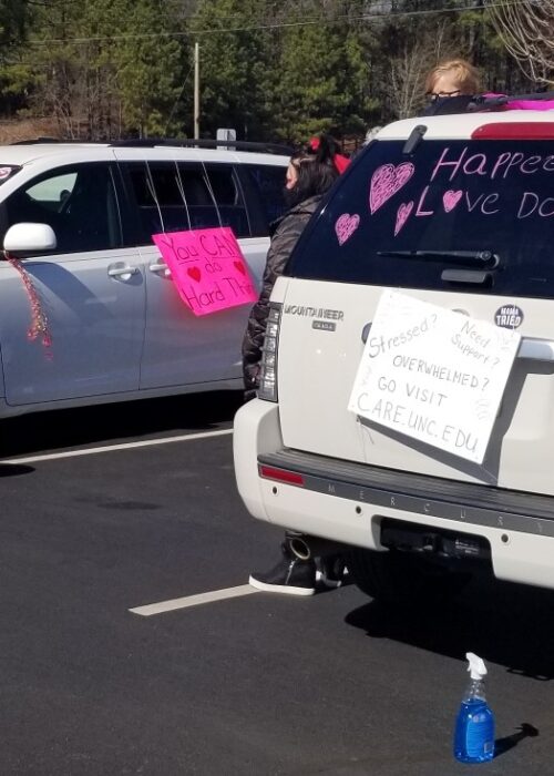 Three cars decorated for the Valentine's Day Puppy Parade