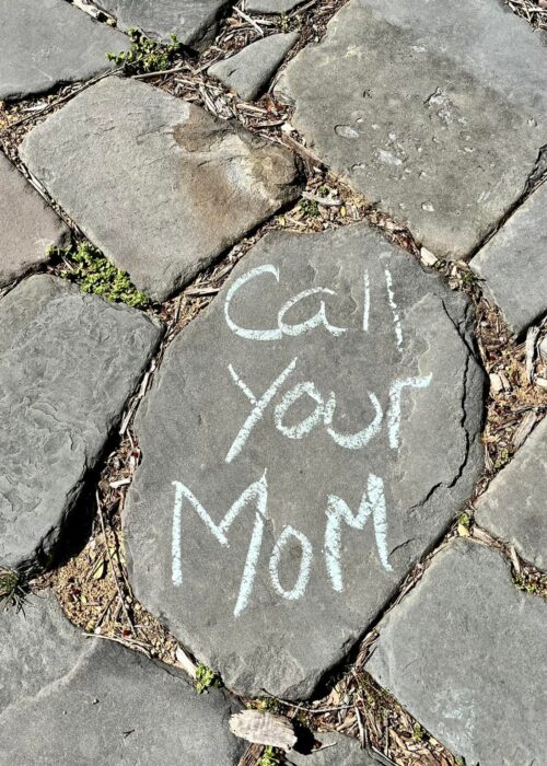 On a path made of small pieces of slate, the largest piece has "Call your Mom" written on it in white chalk