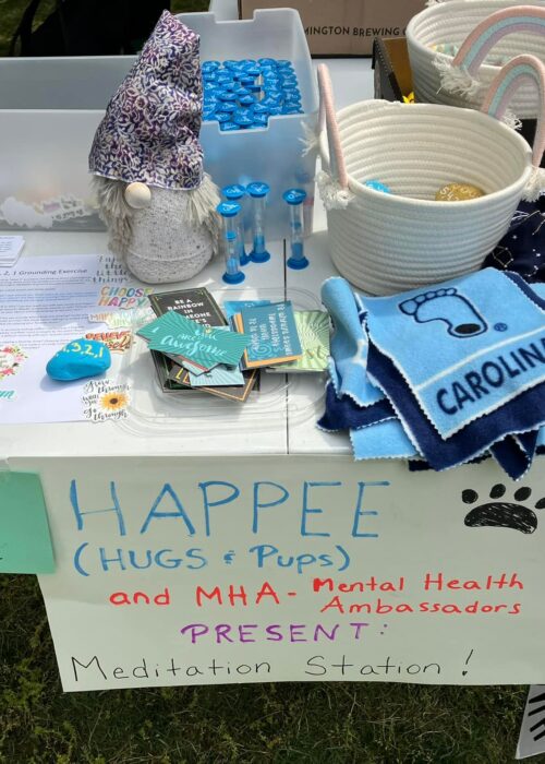 Picture of a table with a sign that says "HAPPEE (Hugs & Pups) and MHA - Mental Health Ambassadors present: Meditation Station!" On the left side of the picture, the table also has a sign that says "5 things to see". On the right, the table is labeled "4 things to feel," although you can only see half of the sign in the pic. On top of the table are lots of things. On the left are stickers, a painted rock, a gnome, hourglass-type timers, business sized-cards with motivational sayings, and paper bags to put the things each student gathers in. On the right side of the table are pieces of fuzzy cloth with Carolina logos on them, swatches of super soft cloth that are plain or with constellations on them, happy face squeeze/stress balls, and a basket. It's clear that there are more items on the left, outside of the picture's frame.