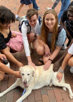 Six students squatting in a half circle around Willow the yellow lab, who is lying on the brick path