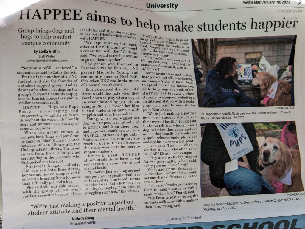 photo of article titled 'HAPPEE aims to help make students happier' in a newspaper